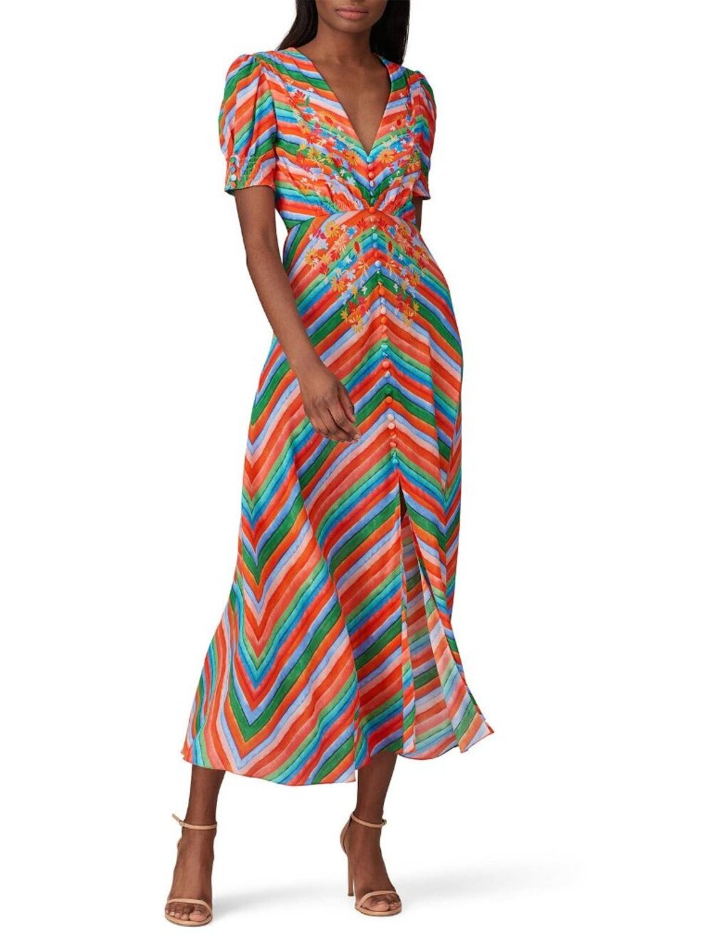 Saloni Lea Orange Red Blue Green Striped Short Sleeve Maxi Dress Women's Size 4 - Picture 2 of 13